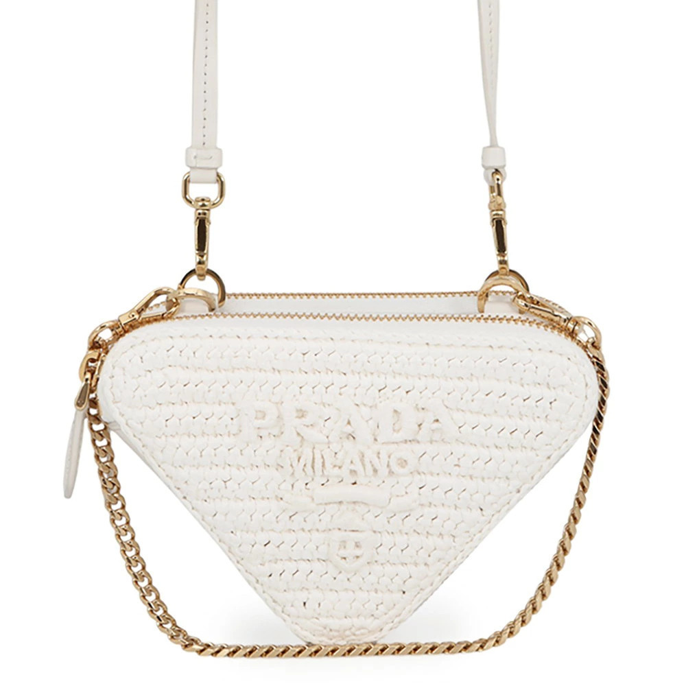 Prada Shoulder Bag Saffiano Triangle Pouch Clutch Leather Raffia White